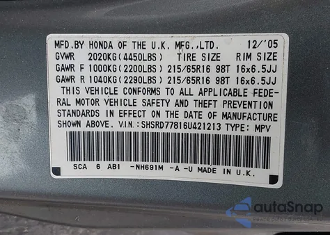 2006 Honda Cr-V Ex из США, поврежденный, VIN SHSRD77816U421213